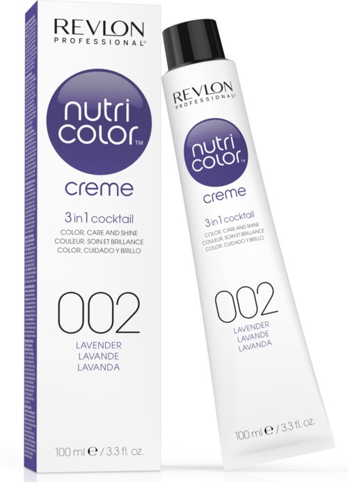 En låda och flaska av Revlon Nutri Color-cream för hår, i lavendel färg nummer 002.