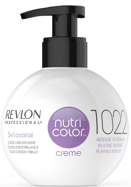 En vit flaska med svart pump, märkt Revlon Nutri Color Creme 1022, för hårfärgning eller vård.