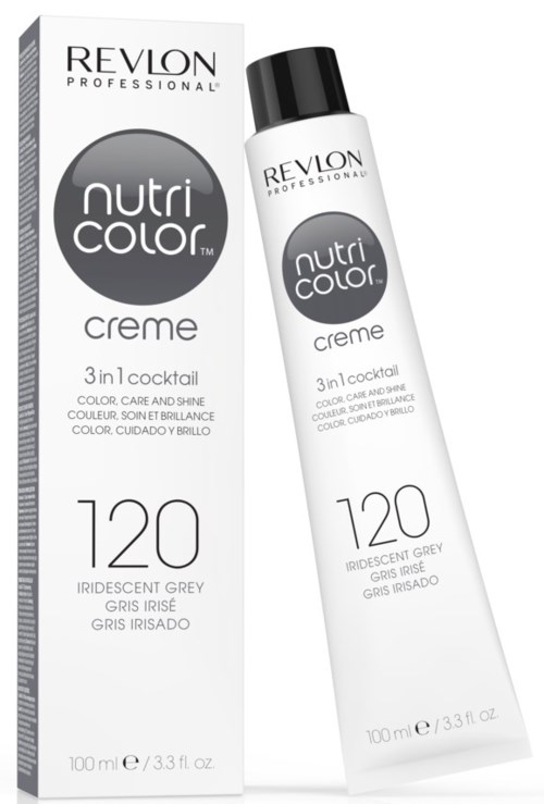 En Revlon NutriColor Creme tub och box för hårfärg i grå nyans, 120, för färg och glans.