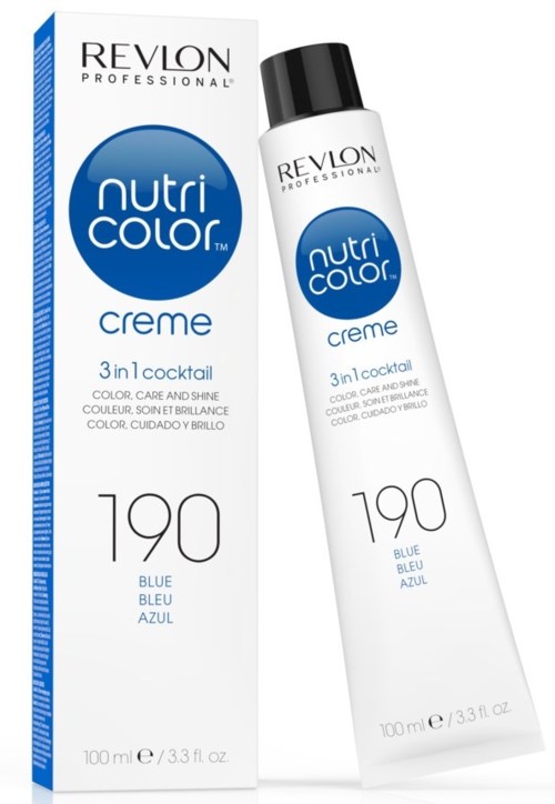 Revlon Nutri Color crème för blått hår, kommer i en förpackning och tub, lovar färg, vård och glans.