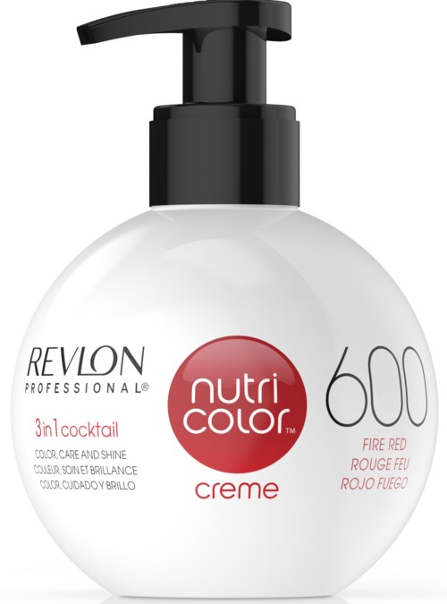 En rund vit behållare med Revlon Nutri Color hårfärg med svart pump, märkt för röd nyans, 600.