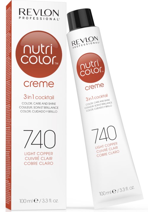 Ett Revlon Nutri Color Creme-rör och förpackning, ljus kopparnyans, 3-i-1 färgvårdprodukt, 100 ml.