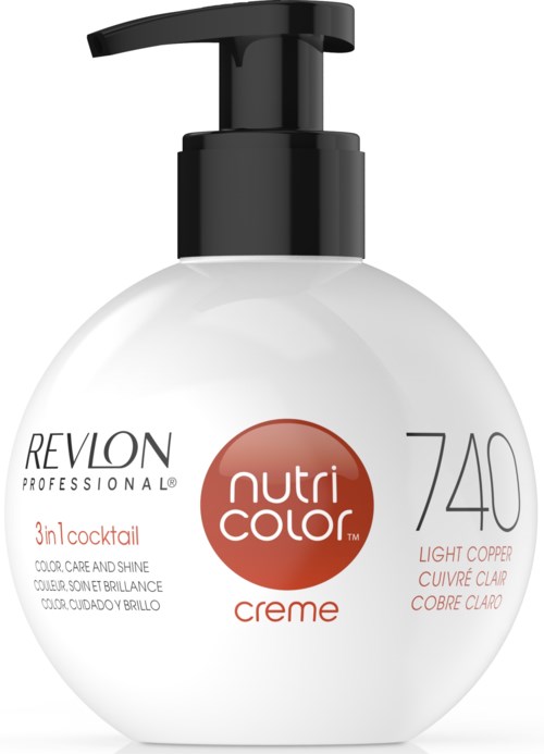 En vit flaska med svart pump, märkt Revlon Nutri Color, nyans 740 ljus koppar, för hårfärgning.