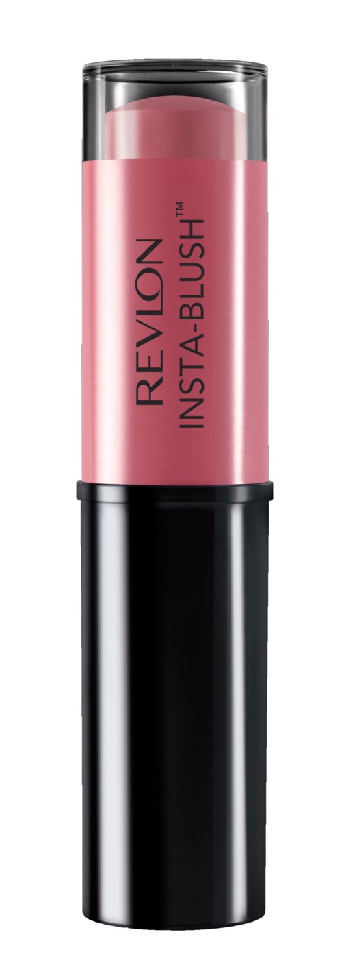 läppstift med rosa nyans, svart bas och genomskinlig topp som visar färgen. Revlon-logotyp på den.