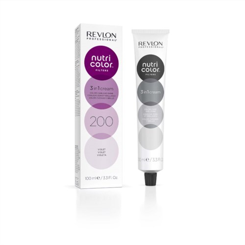 Tubo kremu Revlon Nutri Color 3-w-1 i jego opakowanie, pokazujące fioletowe i szare kolory, z szczegółami produktu.