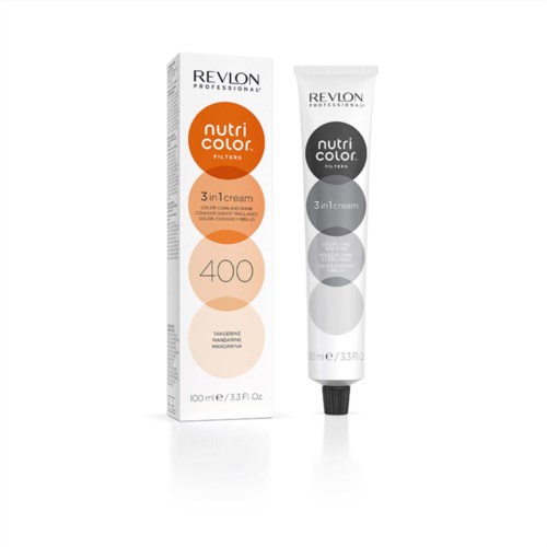 Tuba i opakowanie Revlon Nutri Color 3-w-1 krem do włosów, z pomarańczowym i czarnym opakowaniem, odcień 400 Tangerine.