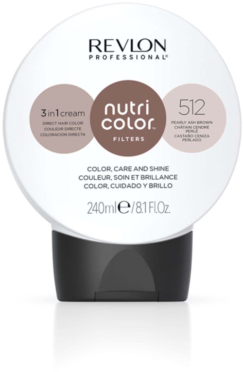 En rund behållare med svart flipplock, märkt Revlon Nutri Color Filters, 240 ml, i brunt. Används för hårfärgning.