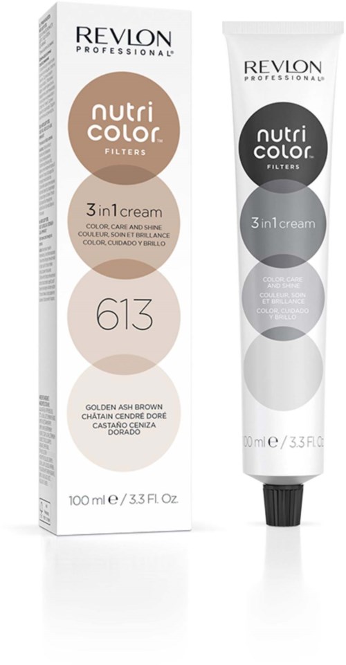 Tuba farby do włosów Revlon Nutri Color w odcieniu 613 z opakowaniem pokazującym kolor i szczegóły produktu.