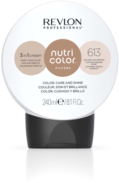 A round white container with black bottom holds Revlon Nutri Color hair dye, shade 613, for color and shine.