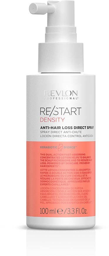 A white bottle with a pump, labeled Revlon Professional Re/Start Density, for hair treatment, holding 100 ml.