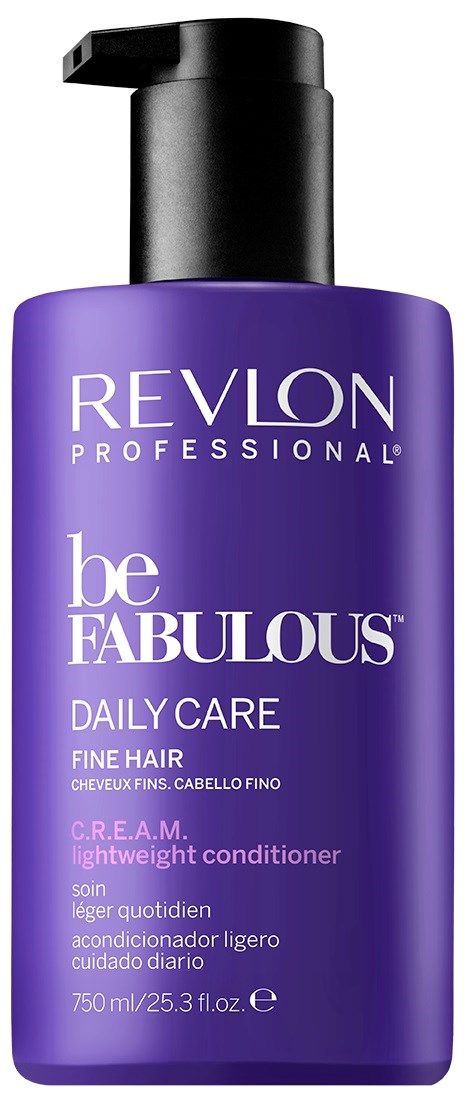 Een paarse fles met een zwarte pomp, gemarkeerd 'Revlon Professional be FABULOUS Daily Care voor fijn haar'.