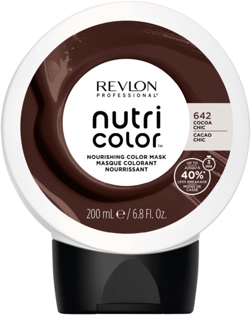 Revlon Nutri Color näringsgivande hårmask i mörkbrunt. 200 ml behållare med svart lock, etiketten visar nyansen 642 cocoa chic.