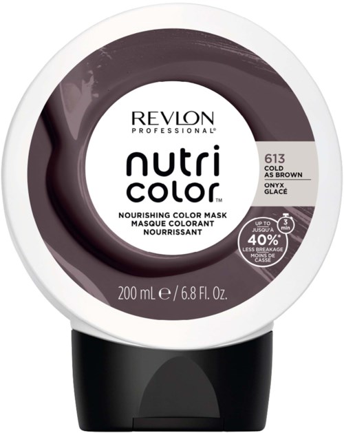 En Revlon Nutri Color hårmaskbehållare i mörkbrunt med vit och svart etikett som visar produktdetaljer.