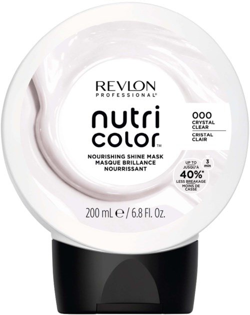 Revlon Nutri Color näringsglansmask i en rund, vit burk med svart lock, 200 ml storlek, tydlig etikett.