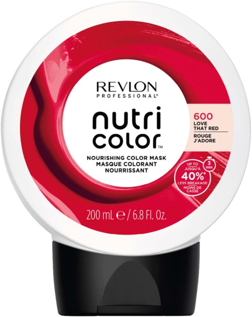 Revlon Nutri Color näringsgivande hårmask i en rund röd och vit behållare märkbar för röd hårfärg upp till tre tvättar.