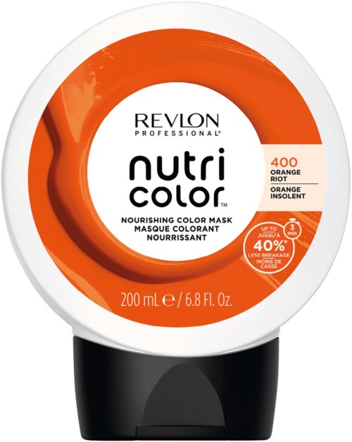 Rund behållare med Revlon Nutri Color näringsgivande färgmaskering i orange, med produktnamn och detaljer på locket.