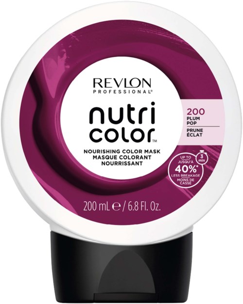 Revlon Nutri Color näringsgivande hårmask i lila med produktdetaljer och varumärke.