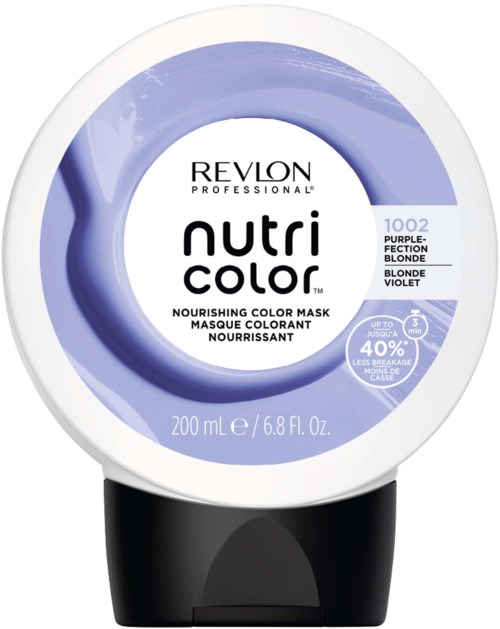 Revlon Nutri Color näringsgivande färgmask i lila violett, 200 ml förpackning med lila och vit design.
