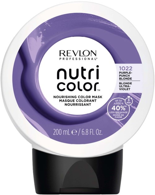 Revlon Nutri Color bläckfärgsbehållare för lila punch blond hårfärg med lila och vit etikett.