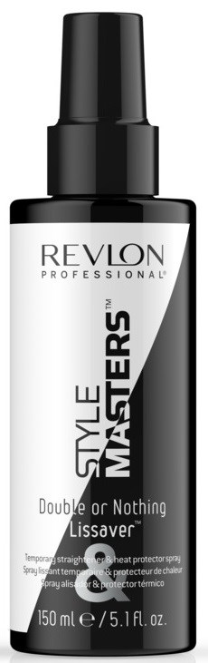 En svart och vit sprayflaska märkt 'Revlon Style Masters Double or Nothing.'