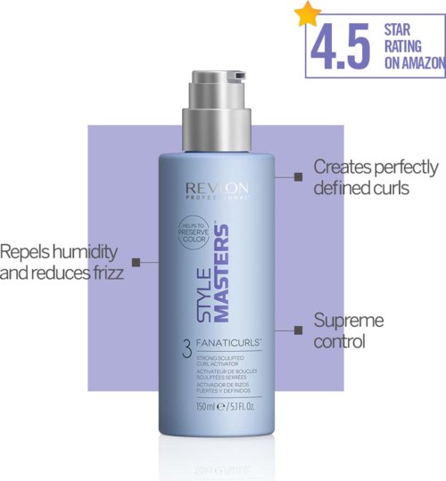 A blue hair spray bottle labeled 'Revlon Style Masters' with features like defining curls, reducing frizz, and controlling hair.