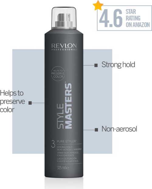 A black Revlon hair spray can with labels highlighting its features and rating, non-aerosol, strong hold, and color preservation.