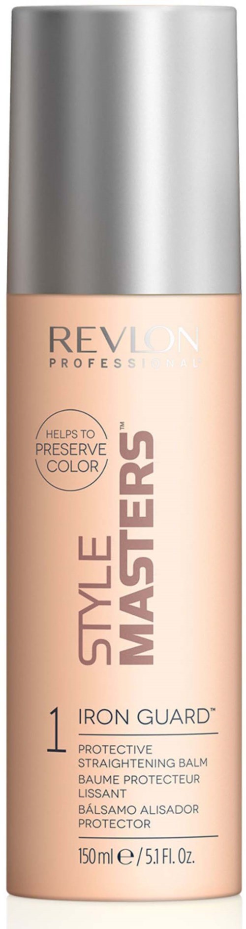 En rosa flaska med silverlock för Revlon hårrätande balsam, märkt 'Style Masters Iron Guard,' 150 ml.