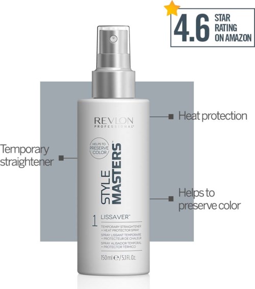 A gray spray bottle from Revlon, with a white label. It offers heat protection and helps preserve hair color.