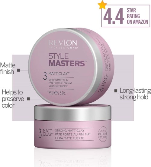 Obraz przedstawia różowo-srebrny pojemnik produktu do włosów Revlon Style Masters mocna matowa glina.