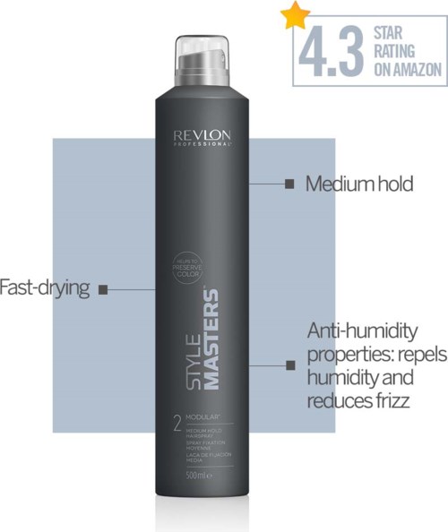 A black Revlon Style Masters spray bottle with labels indicating it offers medium hold, fast-drying, and anti-humidity properties.