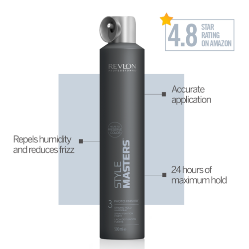 A black Revlon hair spray bottle with features of long-lasting hold, humidity resistance, and accurate application, rated 4.8 stars.