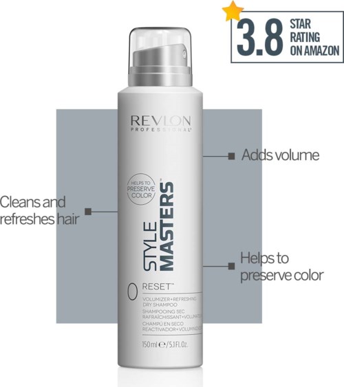 Revlon Style Masters hair spray adds volume, helps preserve color, cleans, and refreshes hair, with a 3.8-star rating.