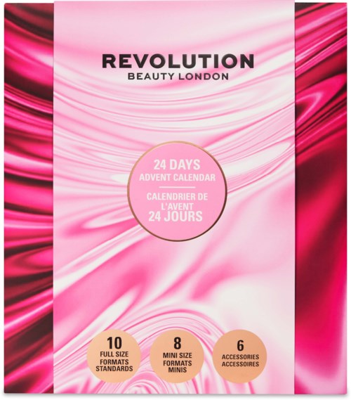 Revolution Beauty London 24-dagars adventskalender med rosa och vita virvlar och produktinformation i cirklar.