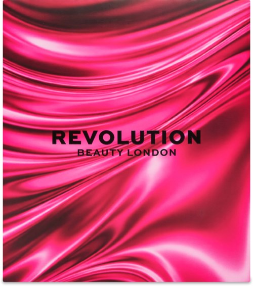 Revolution Beauty London-logotyp på en blank, rosa och svart sidenliknande bakgrund.