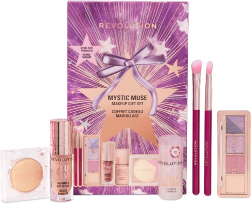 A makeup gift set with pink and purple tones, including brushes, lip gloss, eyeshadow palette, and skincare.