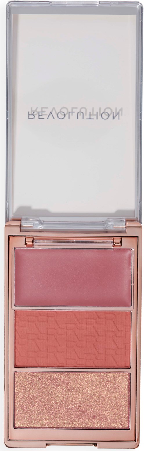 Dette er en makeuppalette med tre forskellige nuancer af blush og highlighter, i et ferskenfarvet cover med spejl.