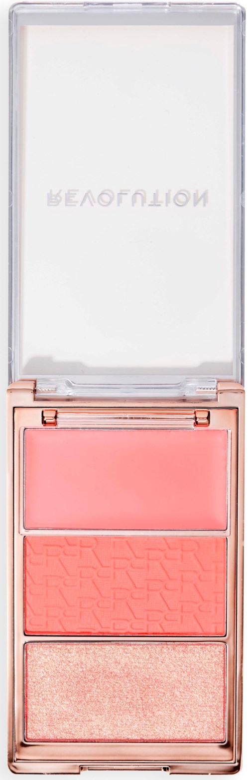 En kompakt blush palette med tre nuancer i en roseguld-æske med spejl i låget.
