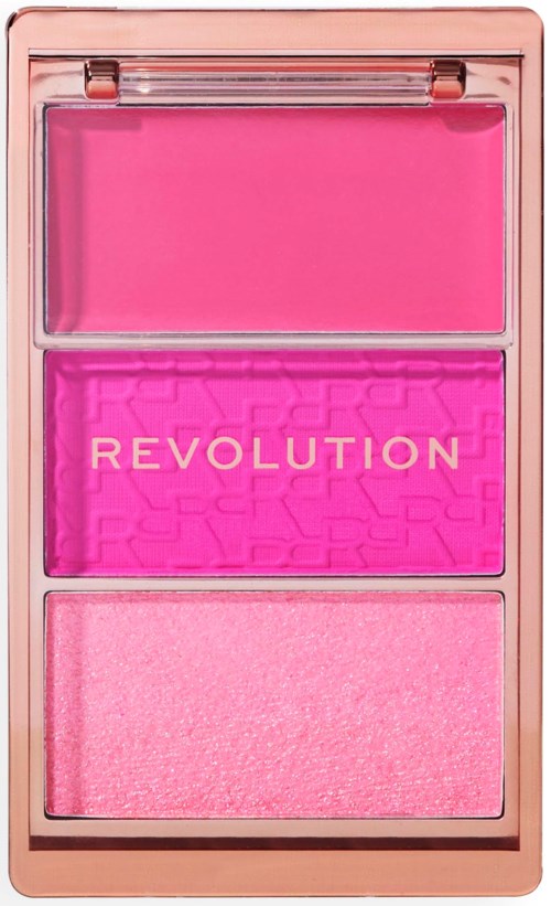Ein rosa Make-up-Palette mit drei Rosatönen: hell, lebendig und hellrosa, mit der Aufschrift 'REVOLUTION'.
