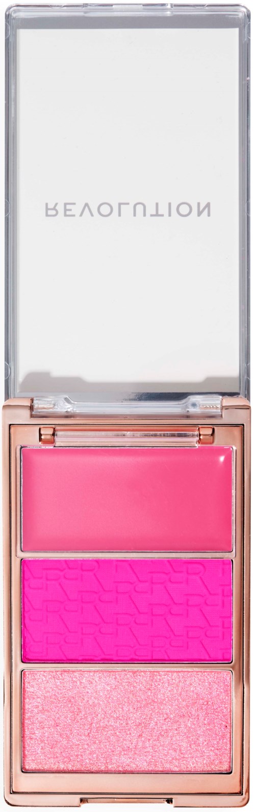 Eine Make-up-Palette mit drei rosa Tönen und Spiegel in einem rosafarbenen Gehäuse.