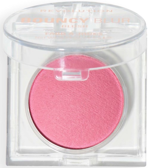 A round pink blush inside a clear plastic compact with a lid. The blush is smooth and bright in color.