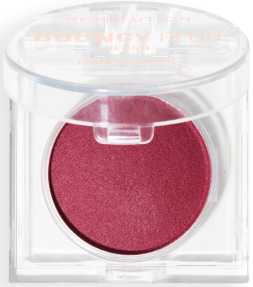 En rund rosa blush i en tydlig plastbehållare med transparent lock. Behållaren har text på toppen.