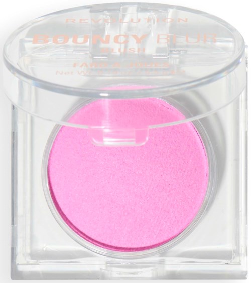 Pink blush in a clear round container with a transparent lid.