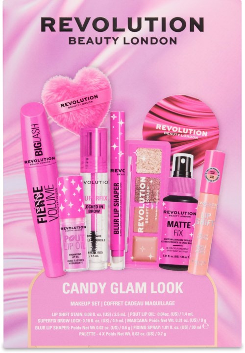 Reklamaffisch för Revolution Beauty London med rosa makeupprodukter och tillbehör för ett candy glam-utseende.