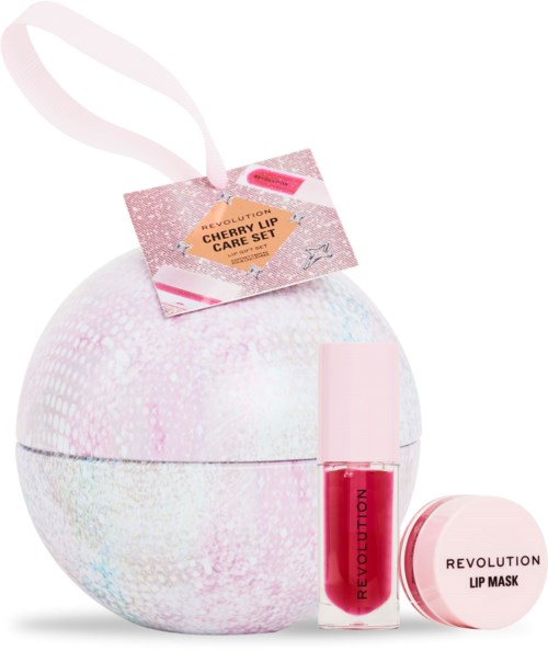 En glittrig, rund behållare innehåller läppvårdsprodukter i rosa och röda färger. Den har en tagg med 'Cherry Lip Care Set'.