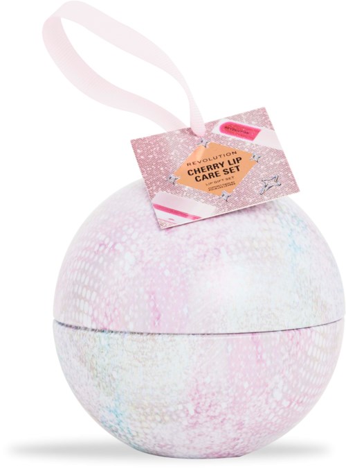 En sfärisk skönhetsprodukt med rosa, glittrig design. Den har en etikett som säger "Cherry Lip Care Set" och ett band.