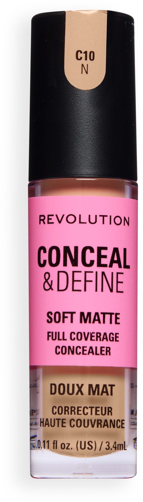 Roze tube Revolution Conceal & Define soft matte volledige dekking concealer met beige dop en kleur C10 N.