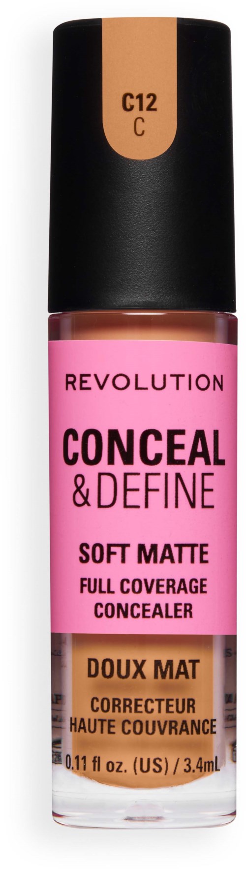 Roze fles van Revolution Conceal & Define Soft Matte full coverage concealer met zwarte dop.