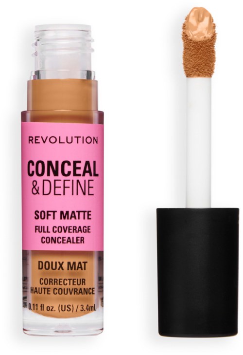 Lippenstiftconcealer met roze en beige verpakking, toont het product en de applicator.