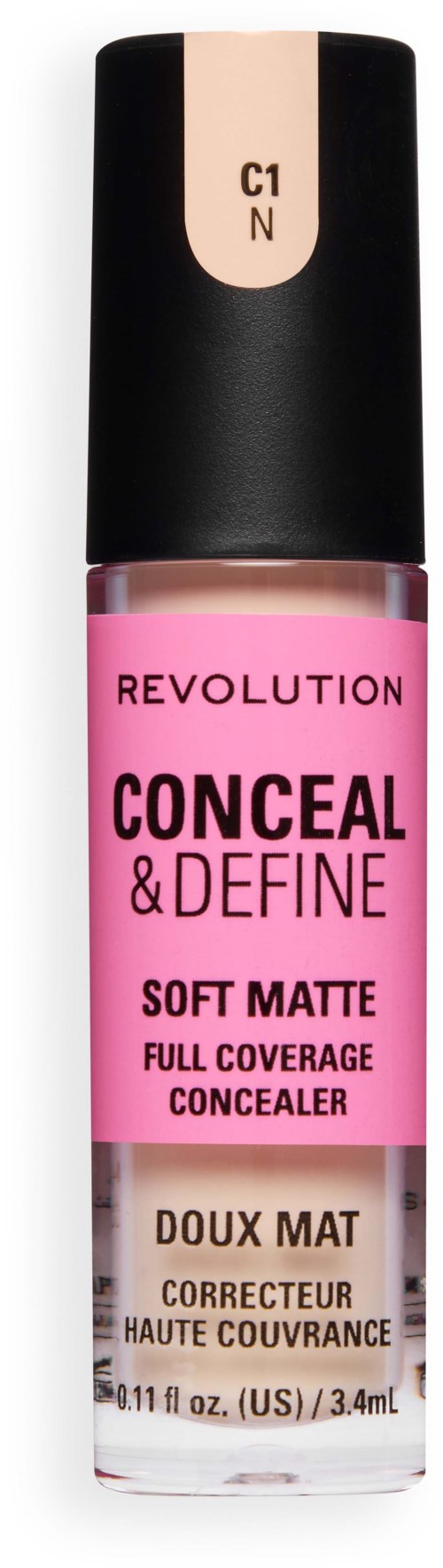 Concealerfles met roze en beige label, volledige dekking, zachte matte afwerking, door Revolution.