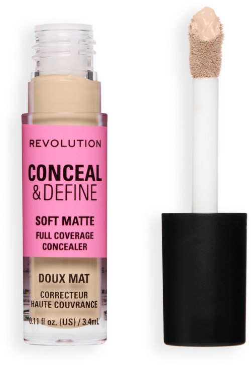 Roze concealerstift met zwarte dop, labeled Revolution Conceal & Define Soft Matte, volledige dekking.